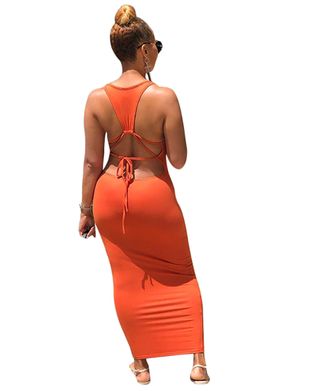 Women Solid Color Strappy Backless Slim One Piece Dress Orange Black S-XL