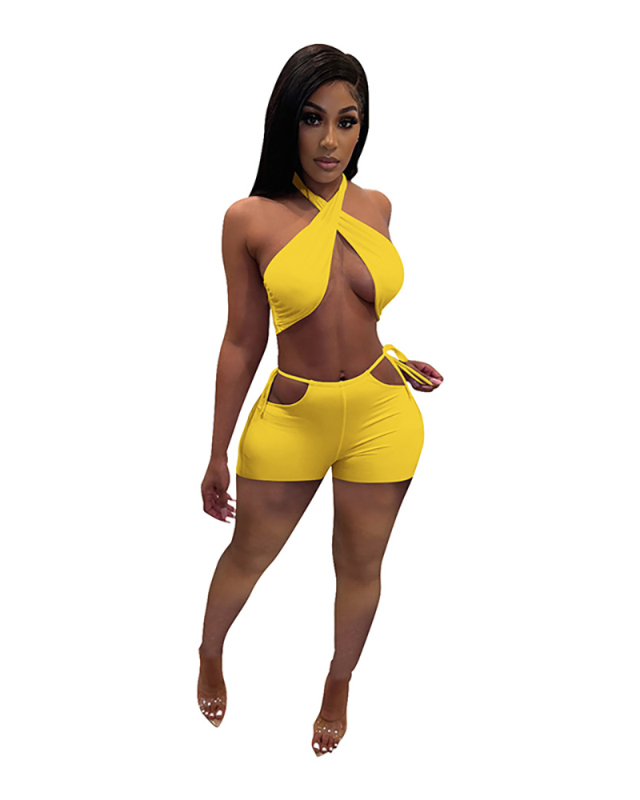 Women Solid Color Cross Strappy Two Piece Set White Yellow Orange Red Gray Black Green S-2XL
