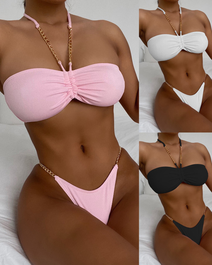 Lady Fashion Sexy Chain Sling Chest Drawstring Halter Strap Two-Piece Bikini Swimsuit Solid Color S-L