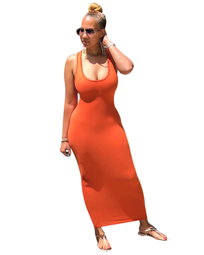 Women Solid Color Strappy Backless Slim One Piece Dress Orange Black S-XL