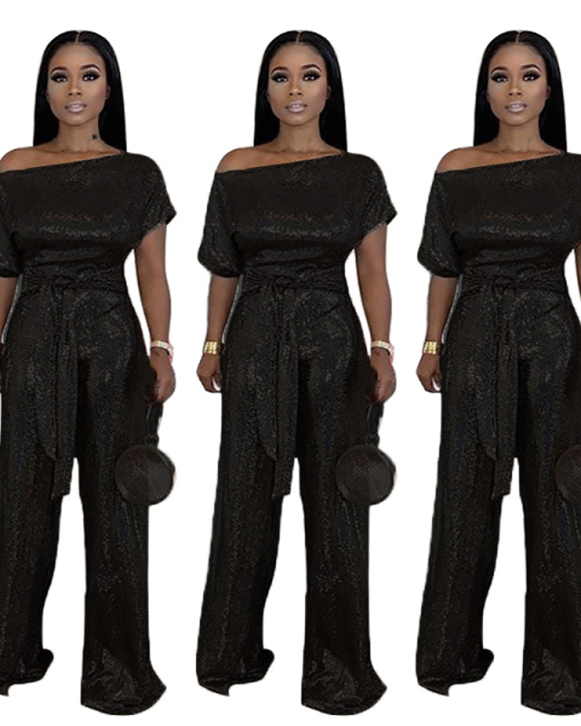Women Slash Neck Short Sleeve Shining Wide Leg Jumpsuits Black Blue Gold Pink S-4XL