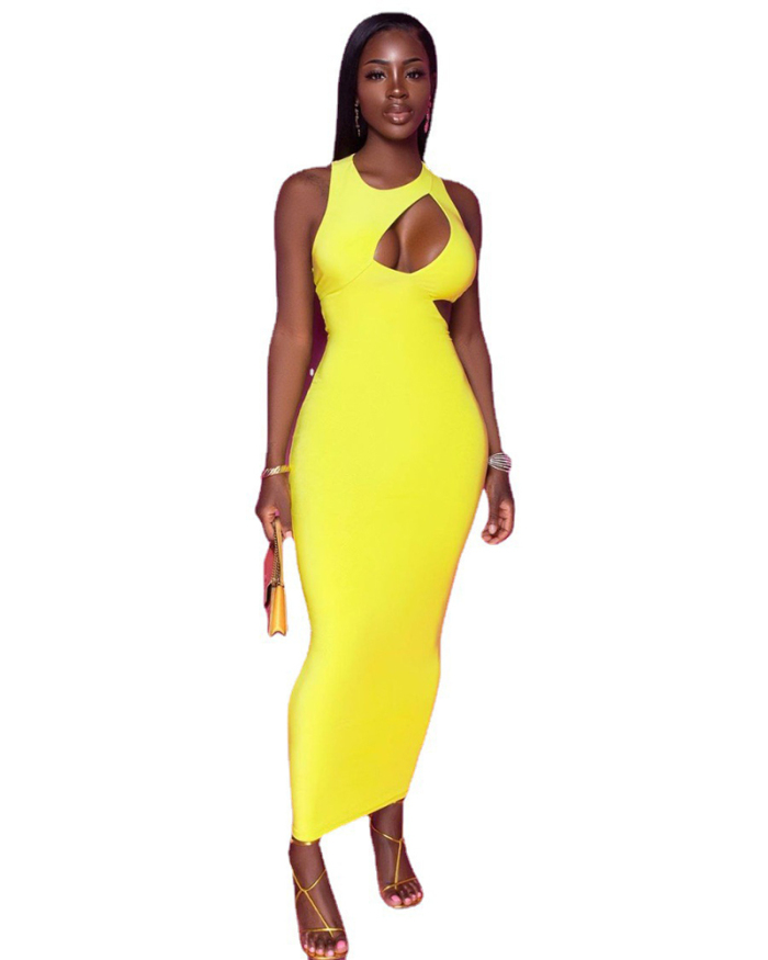Women Hollow Out Solid Color Sleeveless Slim Maxi Causal Dress Yellow S-XL