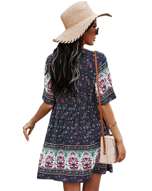 Lady Bohemian Style Short Sleeve One Piece Dresses White Green Navy Blue S-XL