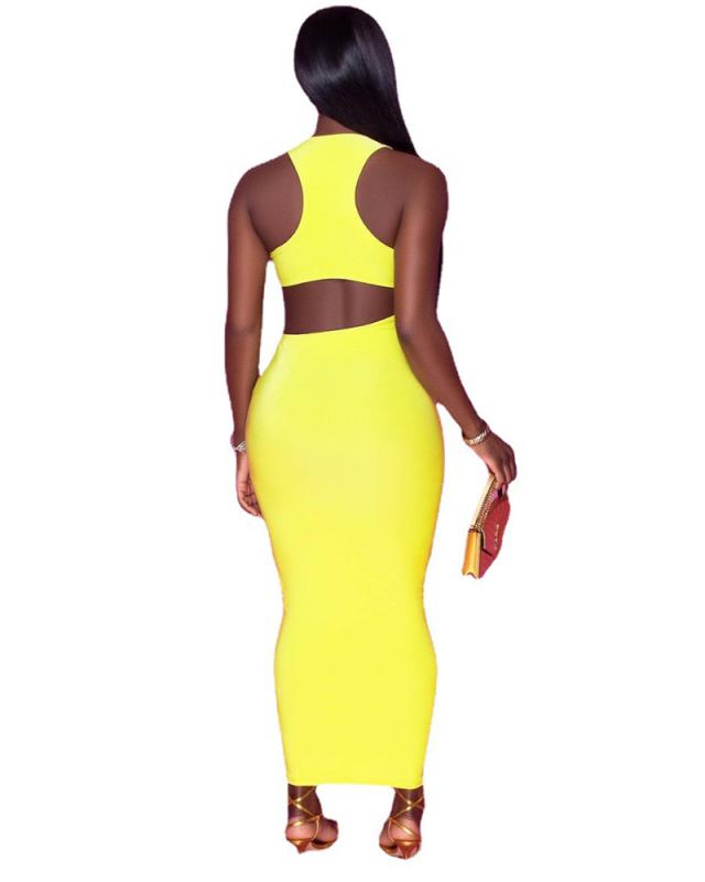 Women Hollow Out Solid Color Sleeveless Slim Maxi Causal Dress Yellow S-XL