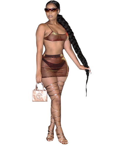 Women Sexy See Through Strap Mesh Dress Two Pieces Outfit Brown S-XL