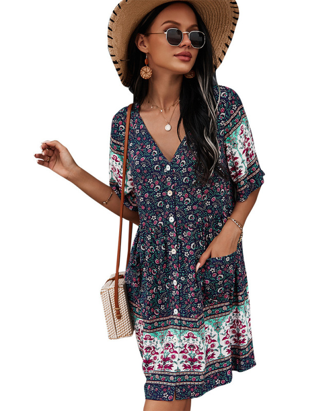 Lady Bohemian Style Short Sleeve One Piece Dresses White Green Navy Blue S-XL