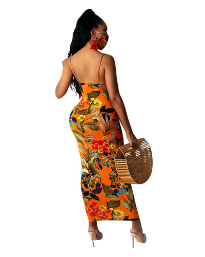 Women Florals Strap Bodycon Maxi Backless Fashion Dress S-2XL(Without facemask)