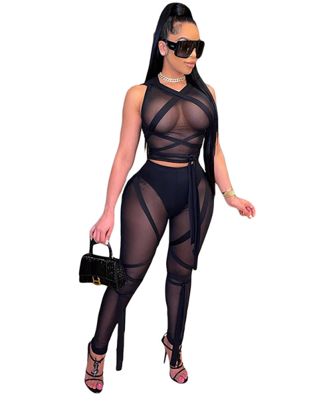 Women Solid Color Mesh See Through Two Piece Set Orange Red Black S-XL