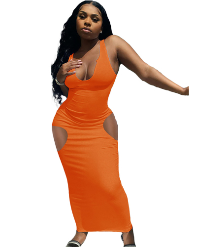 Lady Solid Color Hollow Out Slim One Piece Dresses Orange Yellow Black Red White S-2XL