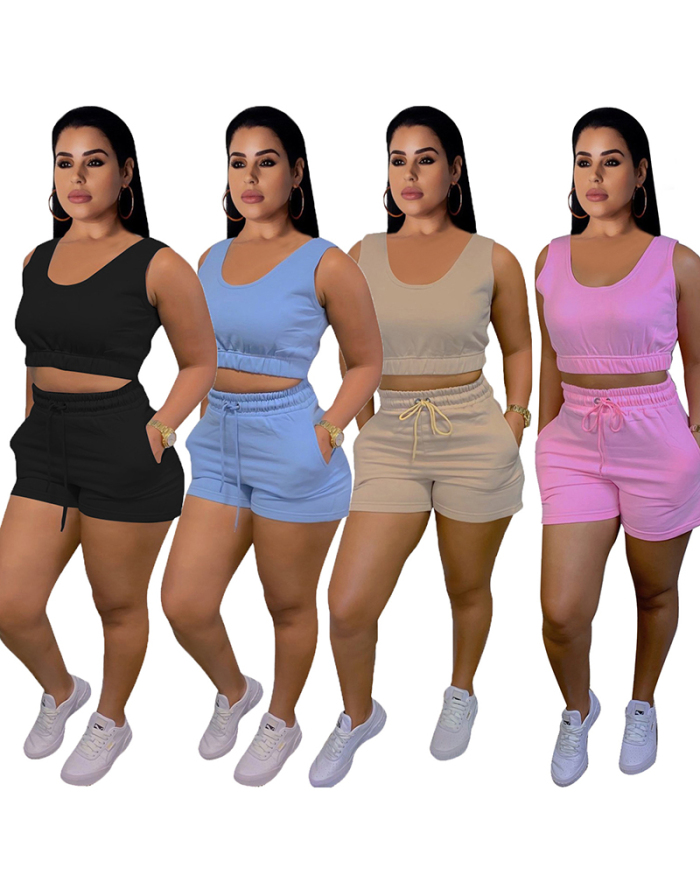 Fashionable Women Solid Color Two Piece Short Set