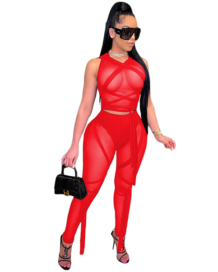 Women Solid Color Mesh See Through Two Piece Set Orange Red Black S-XL