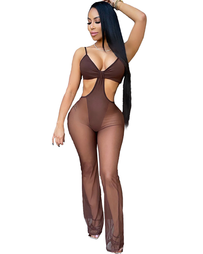 Women Mesh See Through Hollow Out Jumpsuit Black Brown Rose Red Green S-2XL