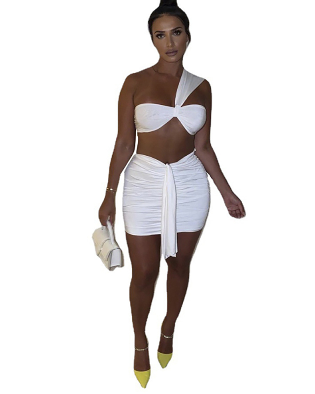 Sexy Women Solid Color Sleeveless Mini Two Pieces Outfit White Pink Yellow Red Black S-L