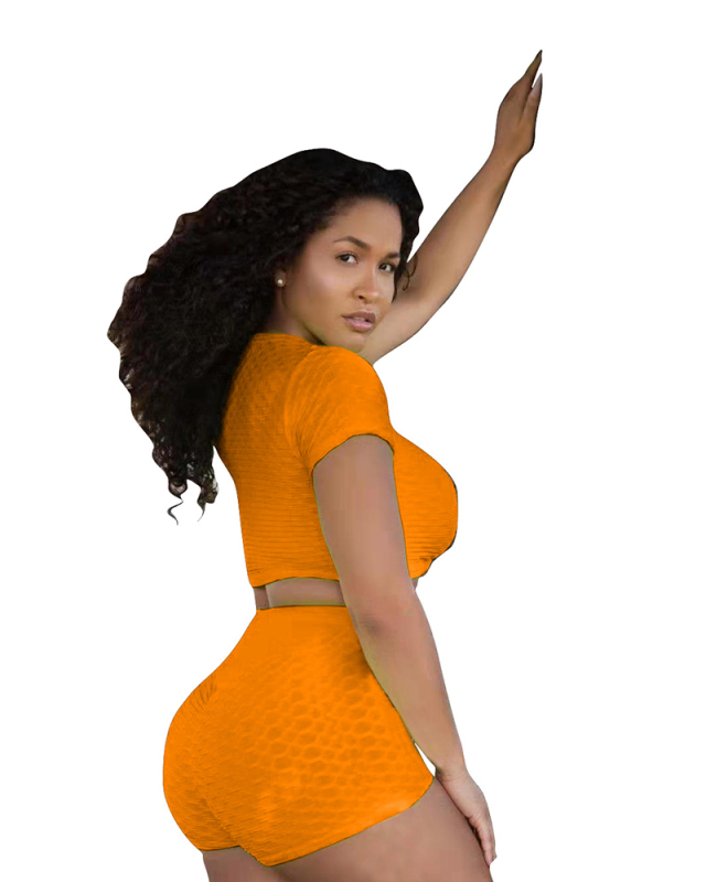 Women Short Sleeve Solid Color Casual Wear House Wear Shorts Two Pieces Set White Orange Red Purple Black S-2XL
