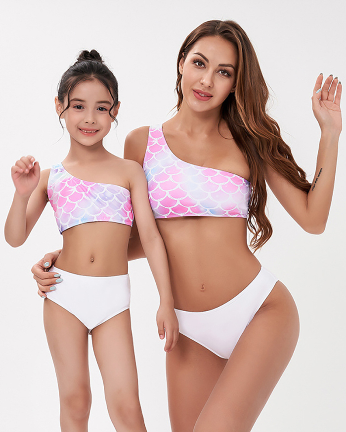 Fashion New Sexy One-Shoulder Mermaid Style Parent-Child Swimsuit Split Bikini Three-Piece Adult S-AdultXL  Child 104-Child 164