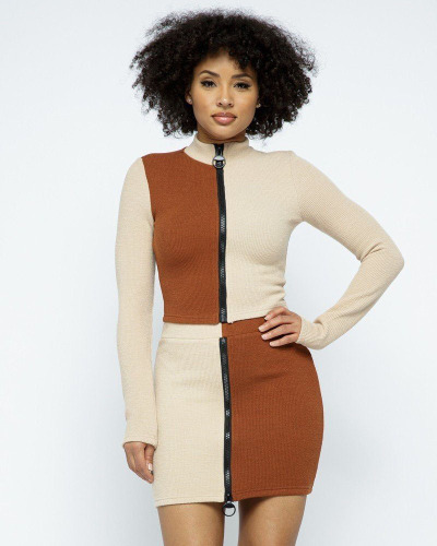 Lady Colorblock High Neck Long Sleeve Two Piece Set S-2XL