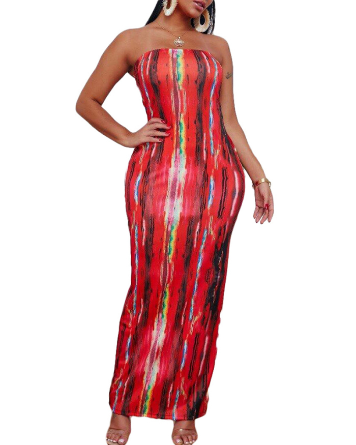 Woman Fashion Tie-Dye Strapless Breast Wrap One-Piece Dress S-3XL