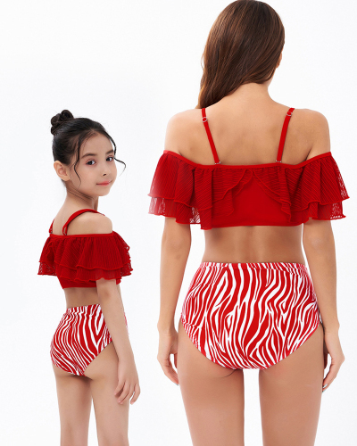 Fashion New Ruffled Sling Water Printed High-Waist Bikini Mother and Daughter Two-Piece Swimwear