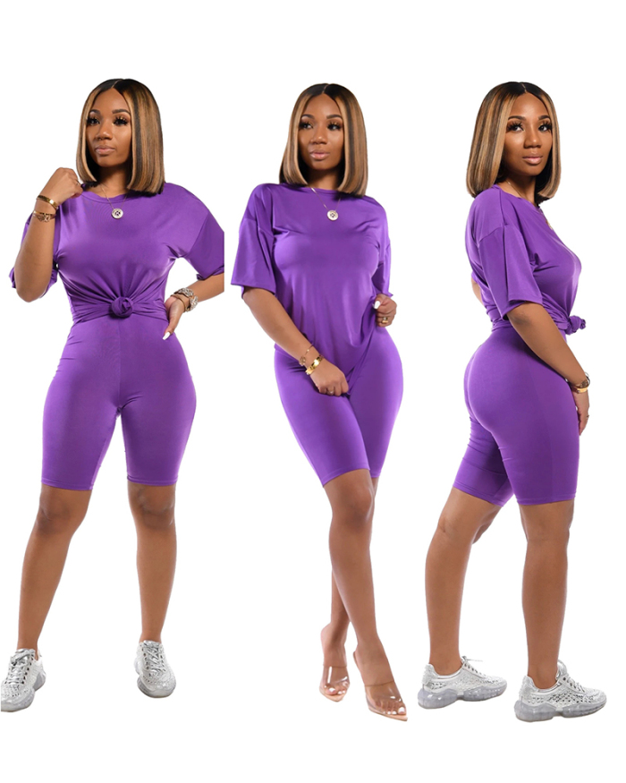 Fashion Solid Color Women Short Sleeve Casual Shorts Two Pieces Outfit S-XXXL