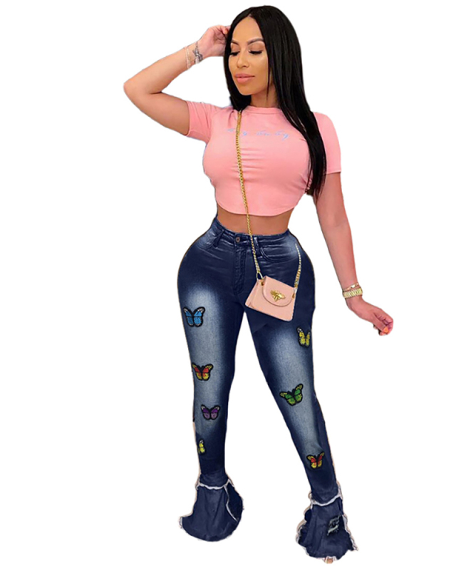 Woman Fashion Butterfly Flared Pants Jeans Light Blue Deep Blue S-3XL