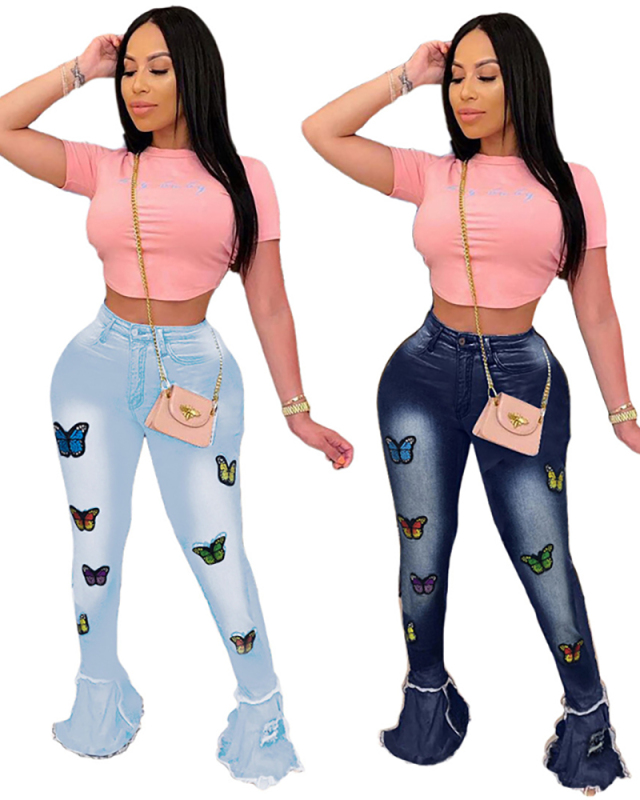 Woman Fashion Butterfly Flared Pants Jeans Light Blue Deep Blue S-3XL