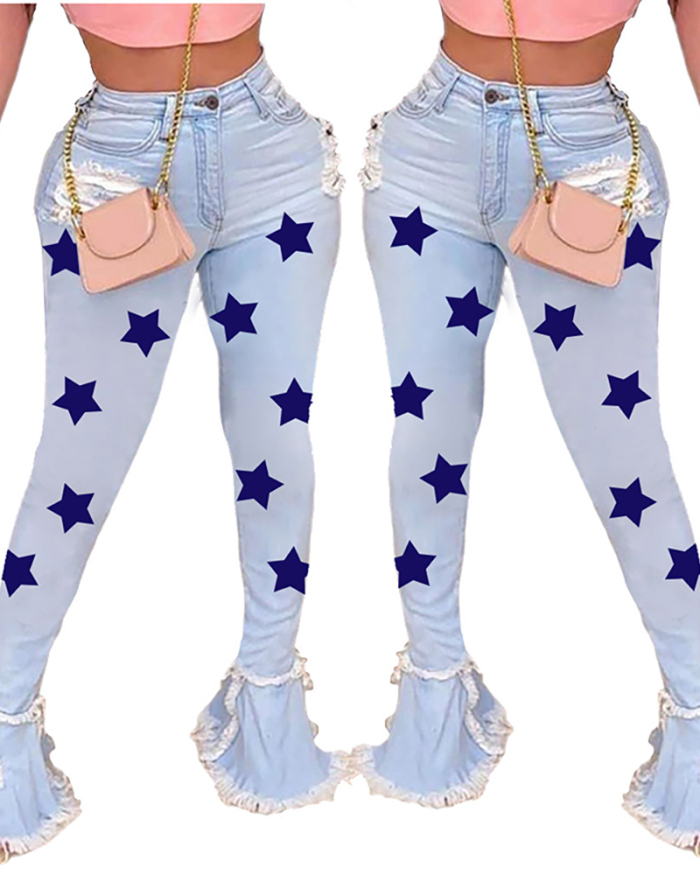 Fashion Five-pointed Star Women Flares Jeans White Blue Red S-3XL