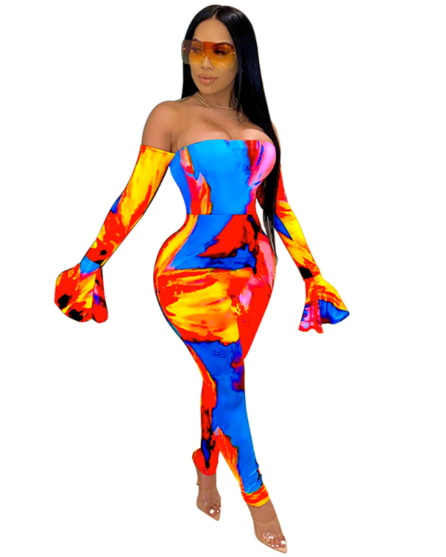 Lady Tie Dye Print Flared Sleeves Off Shoulder Jumpsuit Red Blue Orange S-2XL