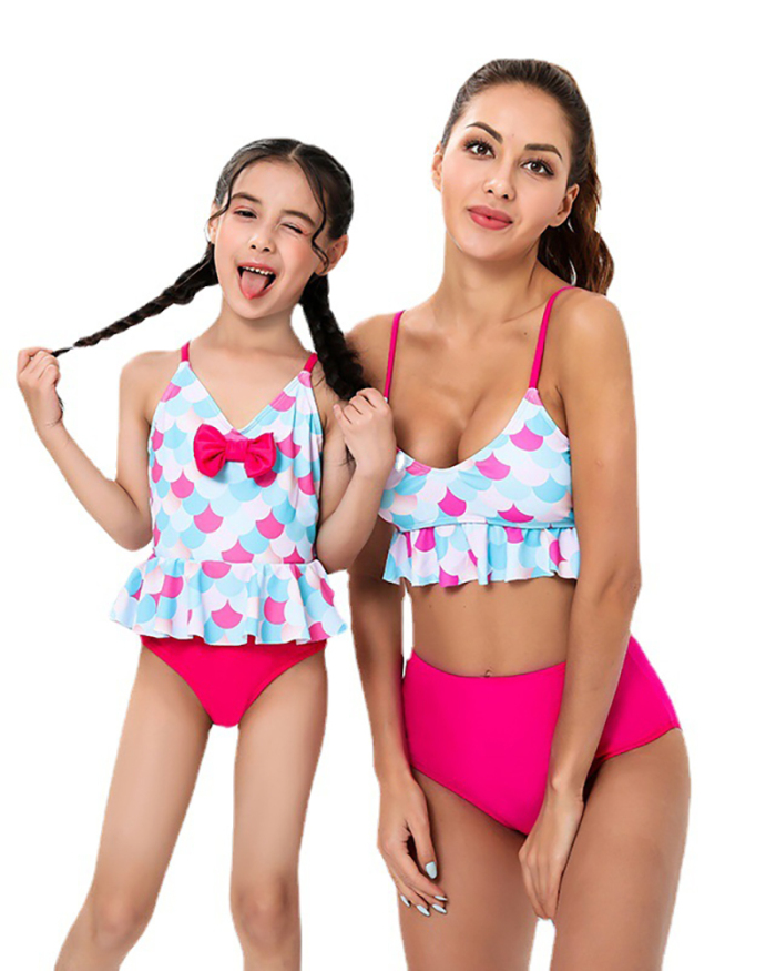 Fashion New Graphic Printed Ruffled Sling Triangle High Waist Two-Piece Bikini Mother and Daughter Swimwear Adult S-Adult XL Child 104-Child 164