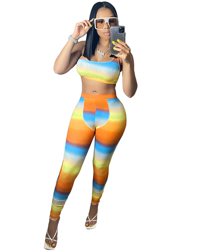Women Fashion Colorblock Casual Street Style Crop Tops Two Piece Set Pink Yellow Orange S-2XL