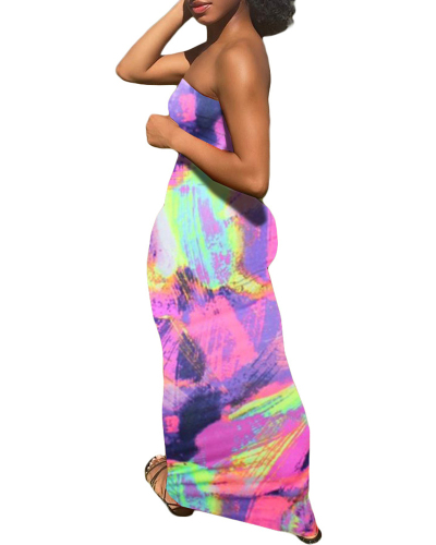Woman Fashion Tie-Dye Strapless Breast Wrap One-Piece Dress S-3XL