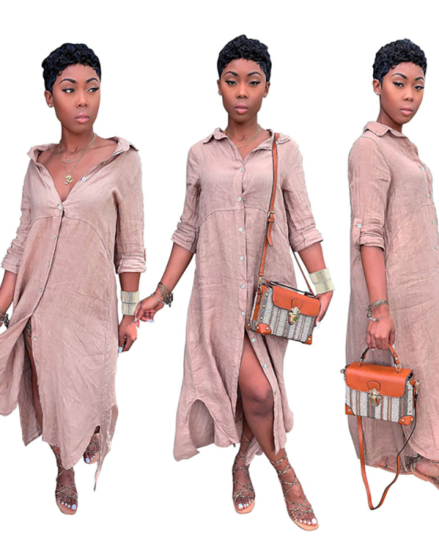 Women Fashion Solid Color Button Long Shirt Dress Black Pink Gray S-2XL