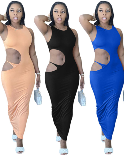 Solid Color Women Long Sexy Cut Off Dress S-XXL