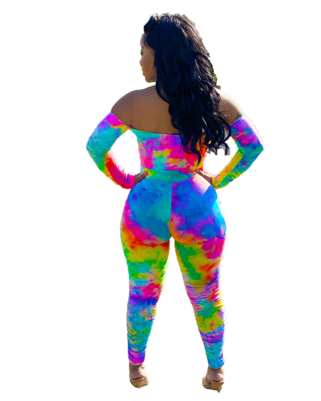 Fashion Women Long Sleeve Cross Neck Tie-Dye Jumpsuits Colorful S-2XL