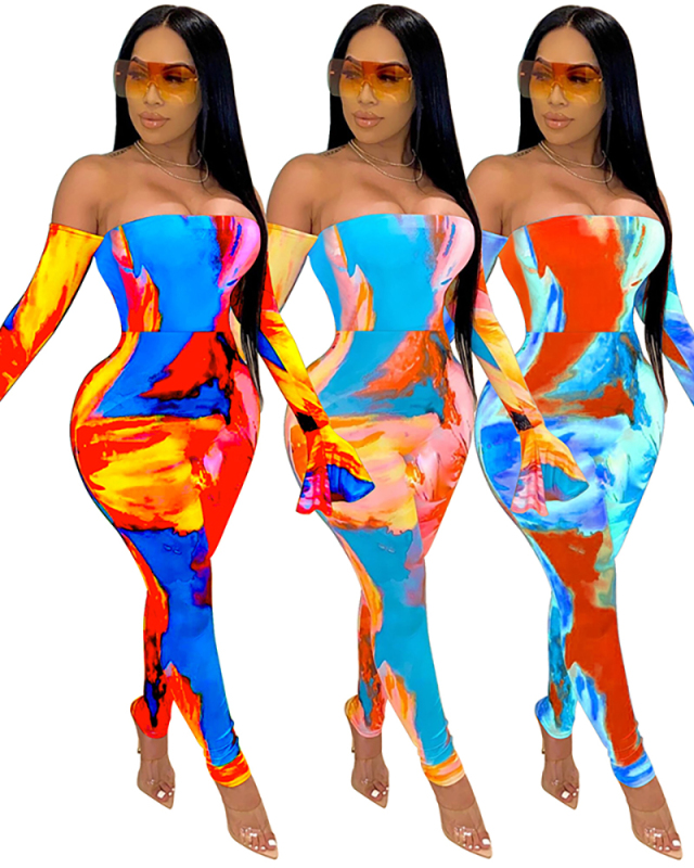 Lady Tie Dye Print Flared Sleeves Off Shoulder Jumpsuit Red Blue Orange S-2XL