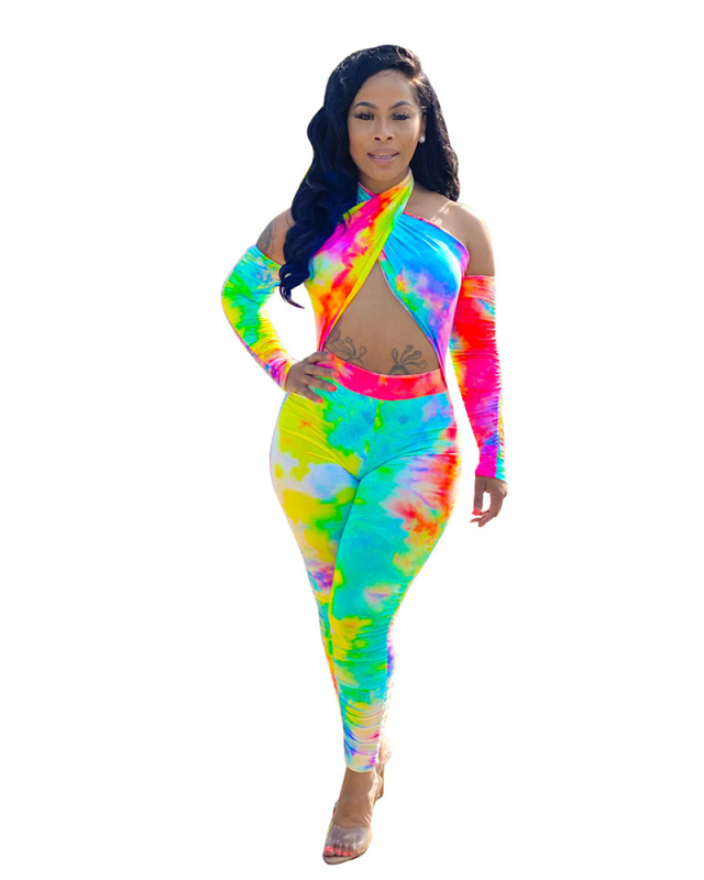 Fashion Women Long Sleeve Cross Neck Tie-Dye Jumpsuits Colorful S-2XL