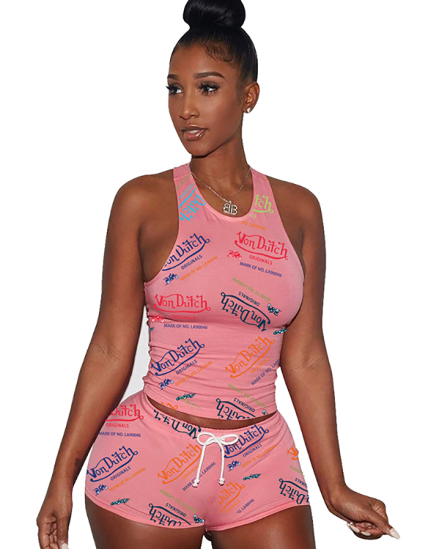 Fashion Women Printed Street Style Sport Suits Two Piece Set Pink Black Grey S-2XL