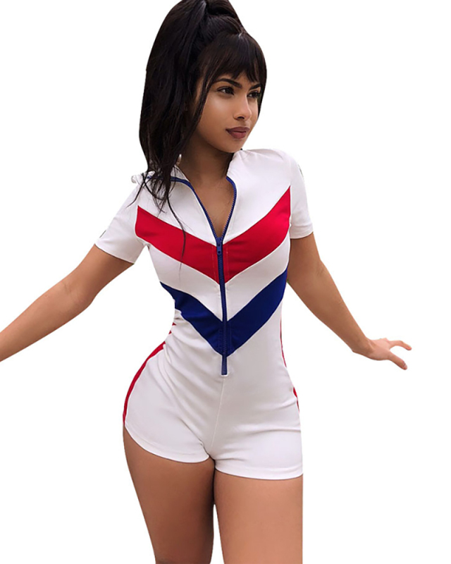 Women Fashion Short Sleeve Zipper Neck Shorts Sports Wear Rompers White Gray Black Blue Rose Red S-XXXL
