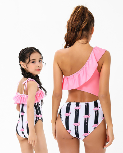 Fashion New Flamingo Printed Lotus Leaf One-Shoulder Mother and Daughter Bikini Two-Piece Swimwear Adult S-Adult XL  Child 104-Child 164