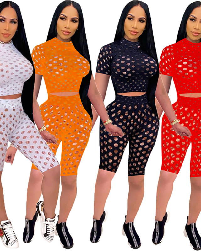 Summer Hollow Out See Through Two Piece Outfits S-XXL