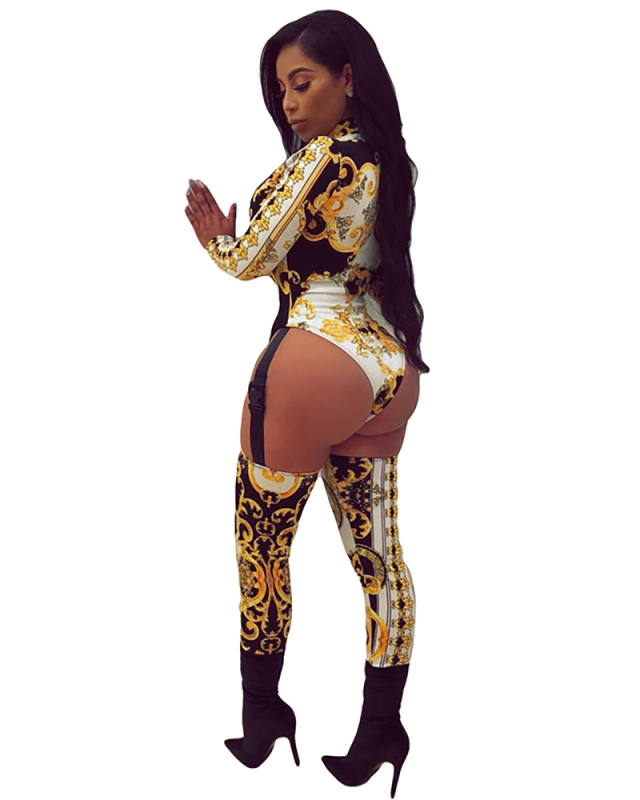 Women Retro Printed Zipper Neck High Cut Jumpsuits Black Rose Red Royal Blue S-3XL