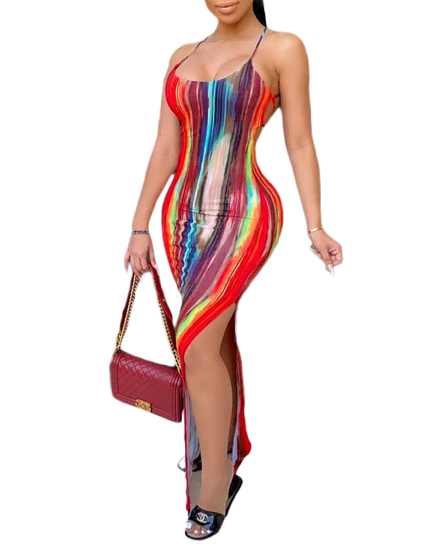 Lady Sexy Tie-Dye Printed Suspender Halter One-Piece Dress S-2XL