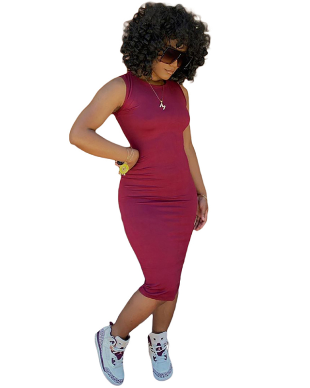 Women Fashion Solid Color Sleeveless Slim Midi Casual Dress Wine Red Purple Blue Black Rose Red Pink S-2XL