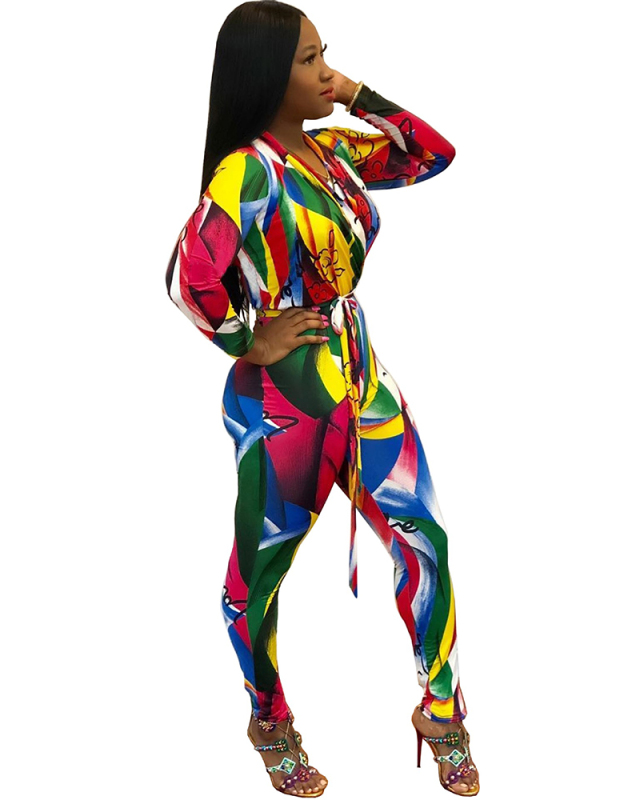 Digital Printed V-neck Jumpsuit S-XXL