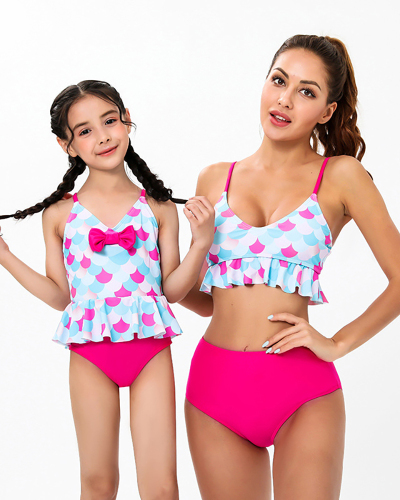 Fashion New Graphic Printed Ruffled Sling Triangle High Waist Two-Piece Bikini Mother and Daughter Swimwear Adult S-Adult XL Child 104-Child 164