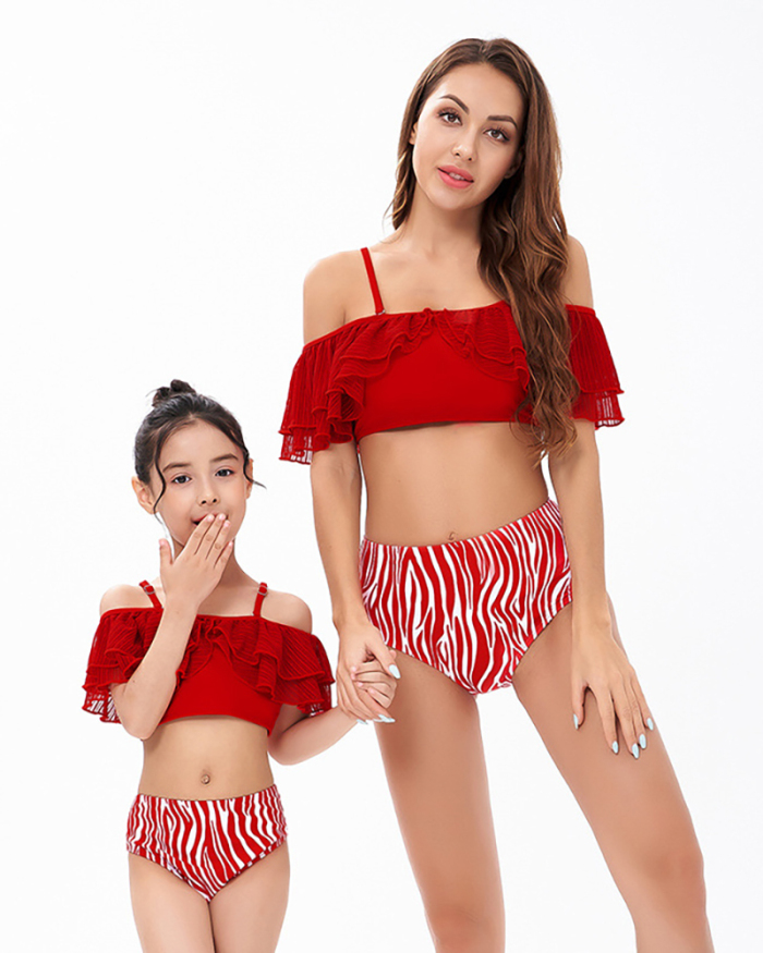 Fashion New Ruffled Sling Water Printed High-Waist Bikini Mother and Daughter Two-Piece Swimwear
