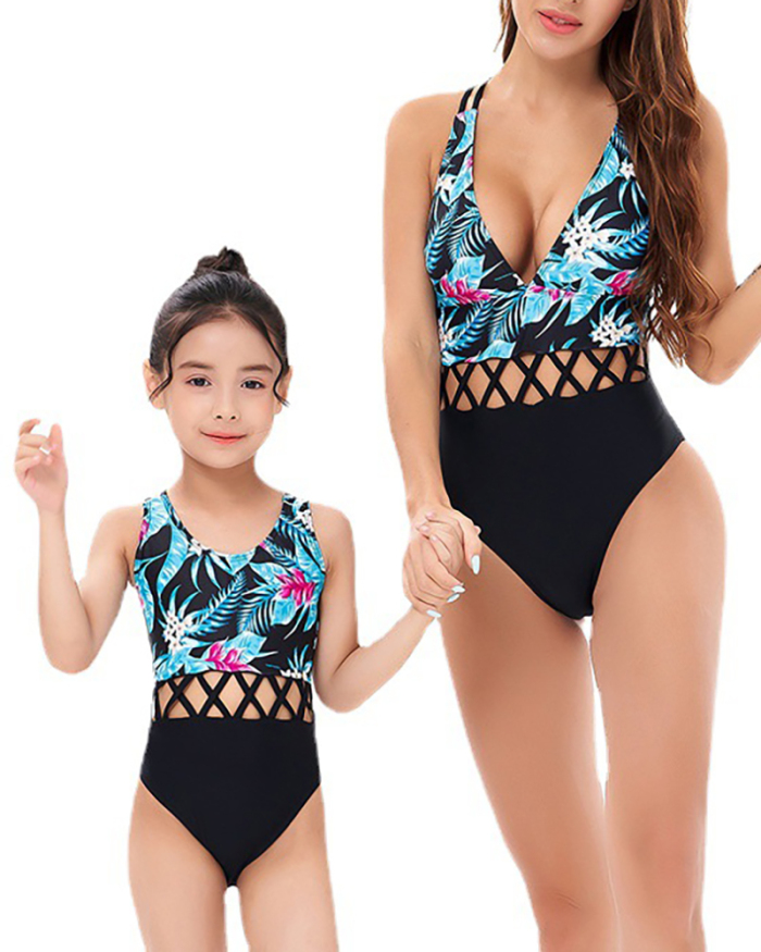 New Sexy Printed One-Piece Bikini Sexy Hollow Mother and Daughter Swimwear Black Adult S-Adult XL Child104-Child164