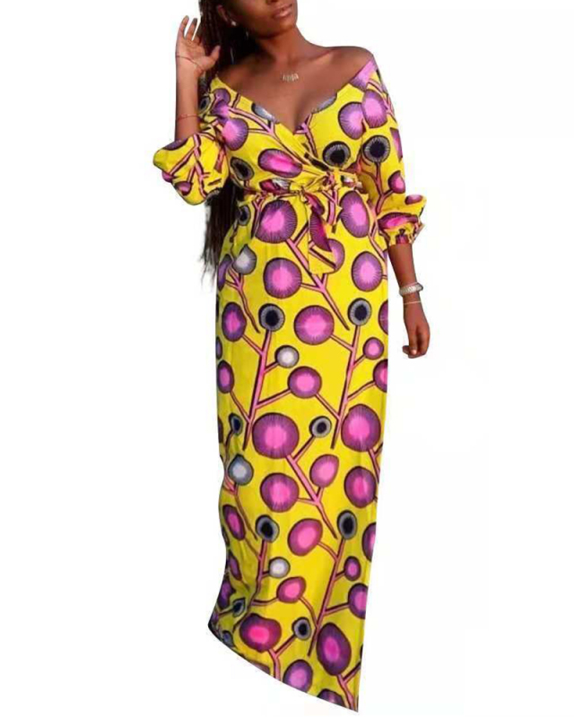 Women V-Neck Long Sleeve Fashion Printed Maxi Dress Yellow S-XL
