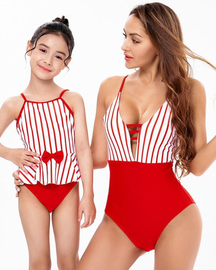 Fashion New Red Stripe Printed Sling Hollow Mother and Daughter One-Piece Bikini Swimsuit Adult S-XL Child 104-Child 164