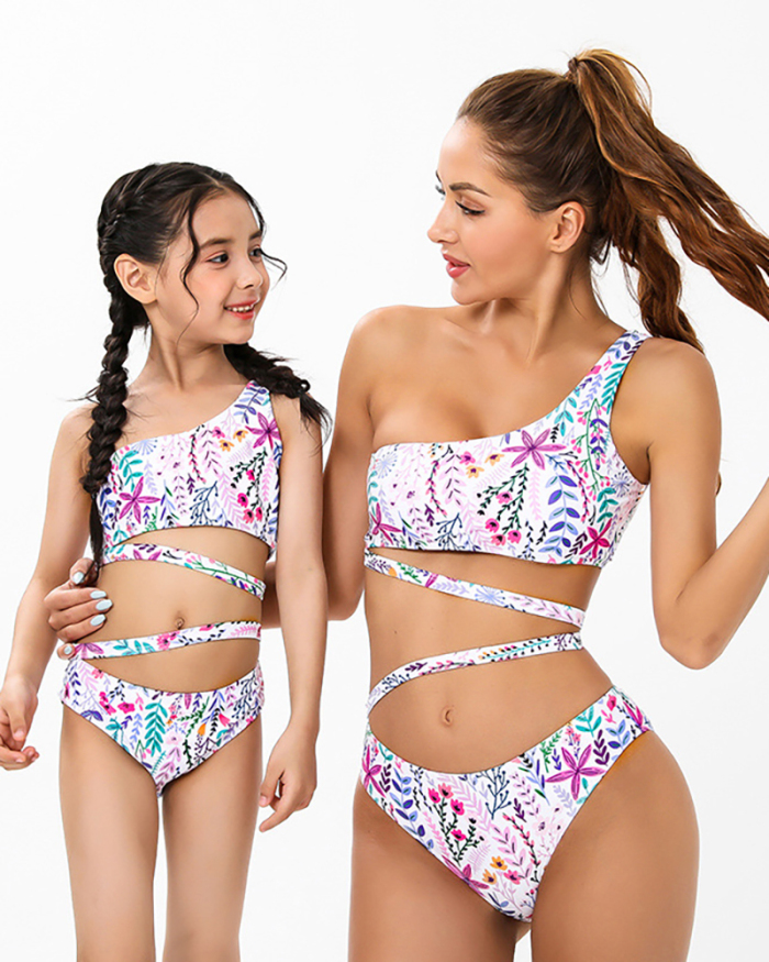 Fashion New Floral Printed Sexy Strappy One-Shoulder Parent-Child Bikini Swimming One-Piece Suit Adult S-Adult XL Child 104-Child 164