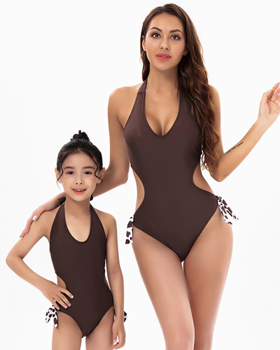 New Sexy Solid Color Sling One-Piece Parent-Child Swimsuit Bikini Orange Adult S-Adult XL Child104-Child164